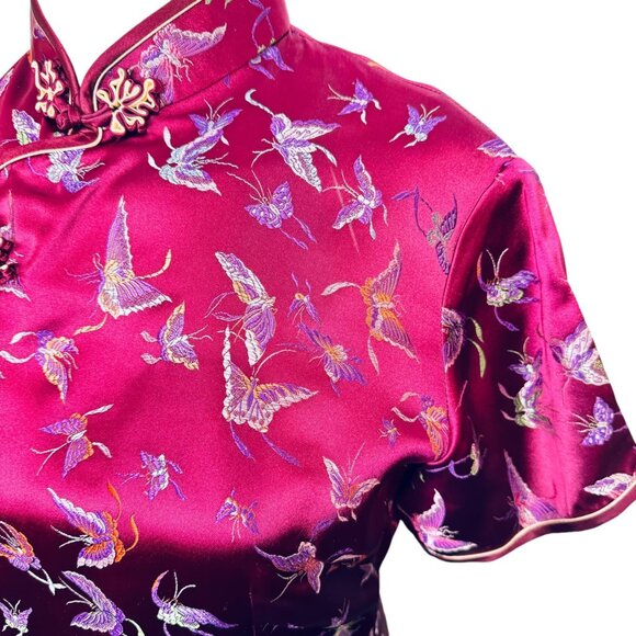 Vintage Satin Cheongsam Dress Short Sleeve Knee Length Butterfly Print - Picture 7 of 8